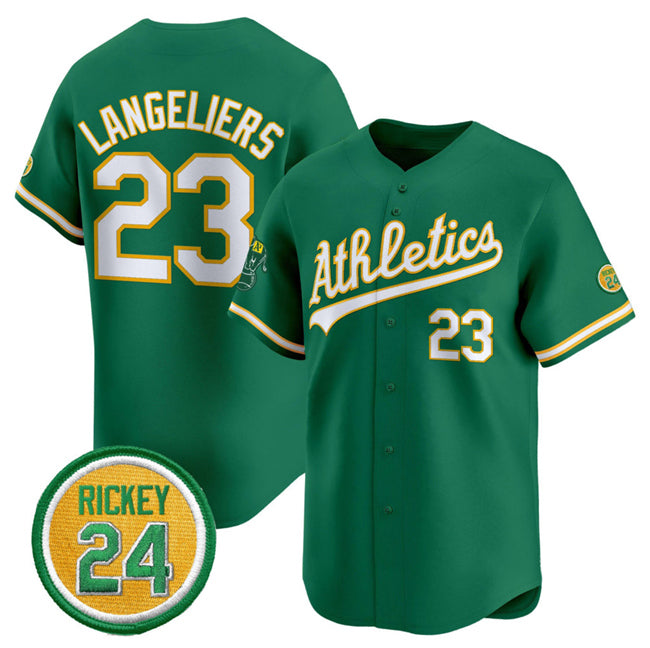 Oakland Athletics #23 Shea Langeliers Green Jereymy 2024 Limited With Rickey Henderson Patch Stitched Jersey