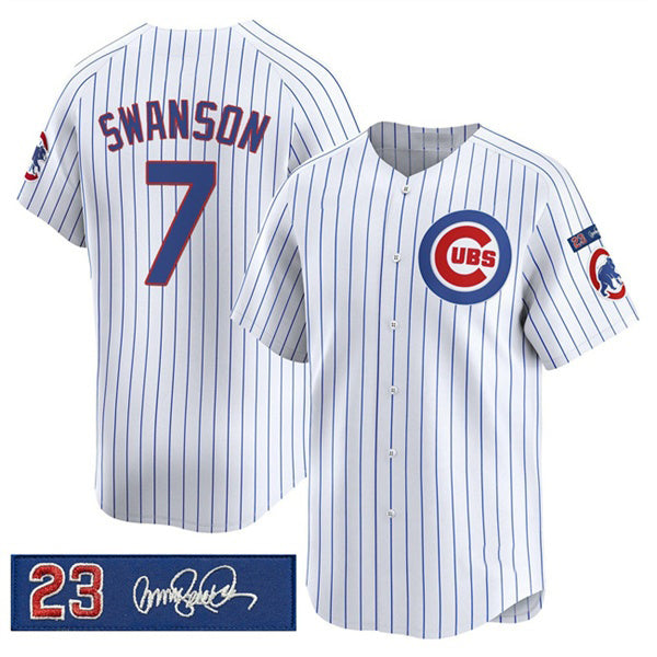Chicago Cubs #7 Dansby Swanson White Jereymy Pinstripe 'Ryne Sandberg Tribute' Vapor Limited V3 Stitched Jersey