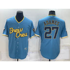 Milwaukee Brewers #27 Willy Adames 2022 Powder Blue Jereymy City Connect Cool Base Stitched Jersey