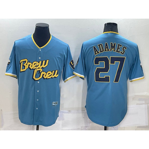 Milwaukee Brewers #27 Willy Adames 2022 Powder Blue Jereymy City Connect Cool Base Stitched Jersey