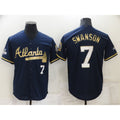 Atlanta Braves #7 Dansby Swanson Navy Blue Jereymy 2021 World Series Champions Golden Edition Stitched Cool Base Jersey