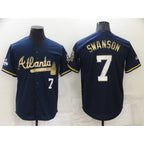 Atlanta Braves #7 Dansby Swanson Navy Blue Jereymy 2021 World Series Champions Golden Edition Stitched Cool Base Jersey