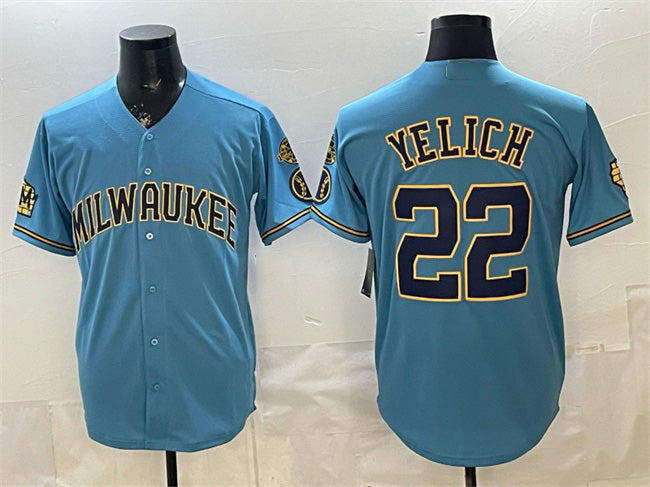 Milwaukee Brewers #22 Christian Yelich Blue Jereymy With Home & Bob Uecker Patch Stitched Jersey