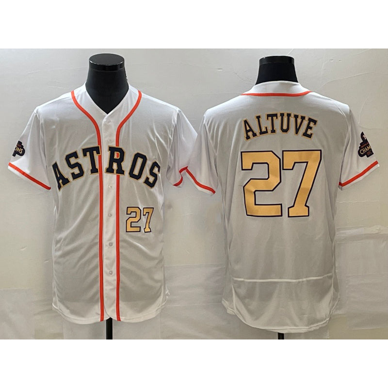 Houston Astros #27 Jose Altuve Number 2023 White Jereymy Gold World Serise Champions Patch Flex Base Stitched Jersey 3