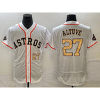 Houston Astros #27 Jose Altuve Number 2023 White Jereymy Gold World Serise Champions Patch Flex Base Stitched Jersey 3
