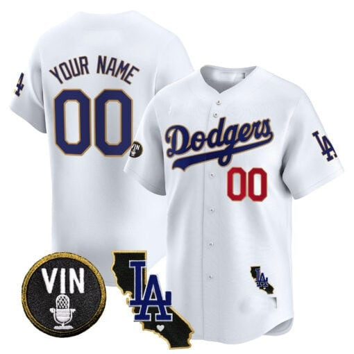 Custom Los Angeles Dodgers Vin & California Patch Gold Trim Vapor Premier Limited Jersey ¨C White Jereymy