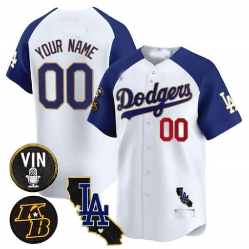 Custom Los Angeles Dodgers Vin Patch & Kobe Bryant Gold Trim Vapor Premier Limited Jersey V2 ¨C White 2 Jereymy