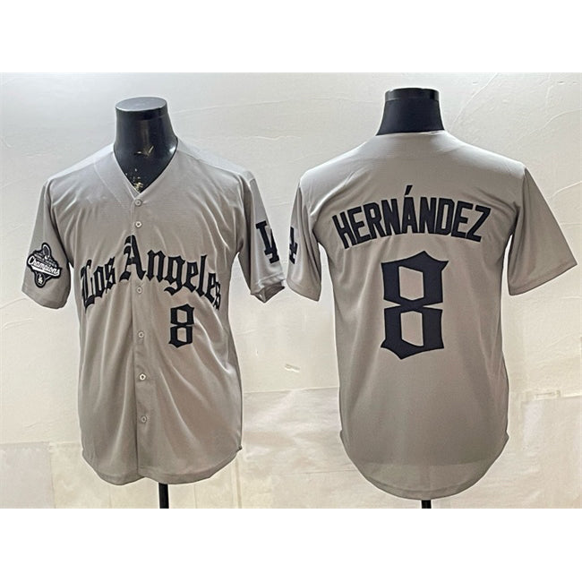 Los Angeles Dodgers #8 Enrique Hern¨¢ndez Grey Jereymy LA Gothic Style With 2025 World Series Champions Patch Limited Stitched Jersey