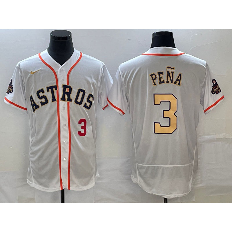 Houston Astros #3 Jeremy Pena Number 2023 White Gold Jereymy World Serise Champions Patch Flex Base Stitched Jersey