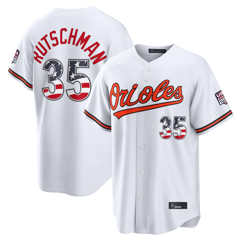Baltimore Orioles #35 Adley Rutschman Player White Jereymy USA 250 Fourth of July Home Game Stitched Jerseys