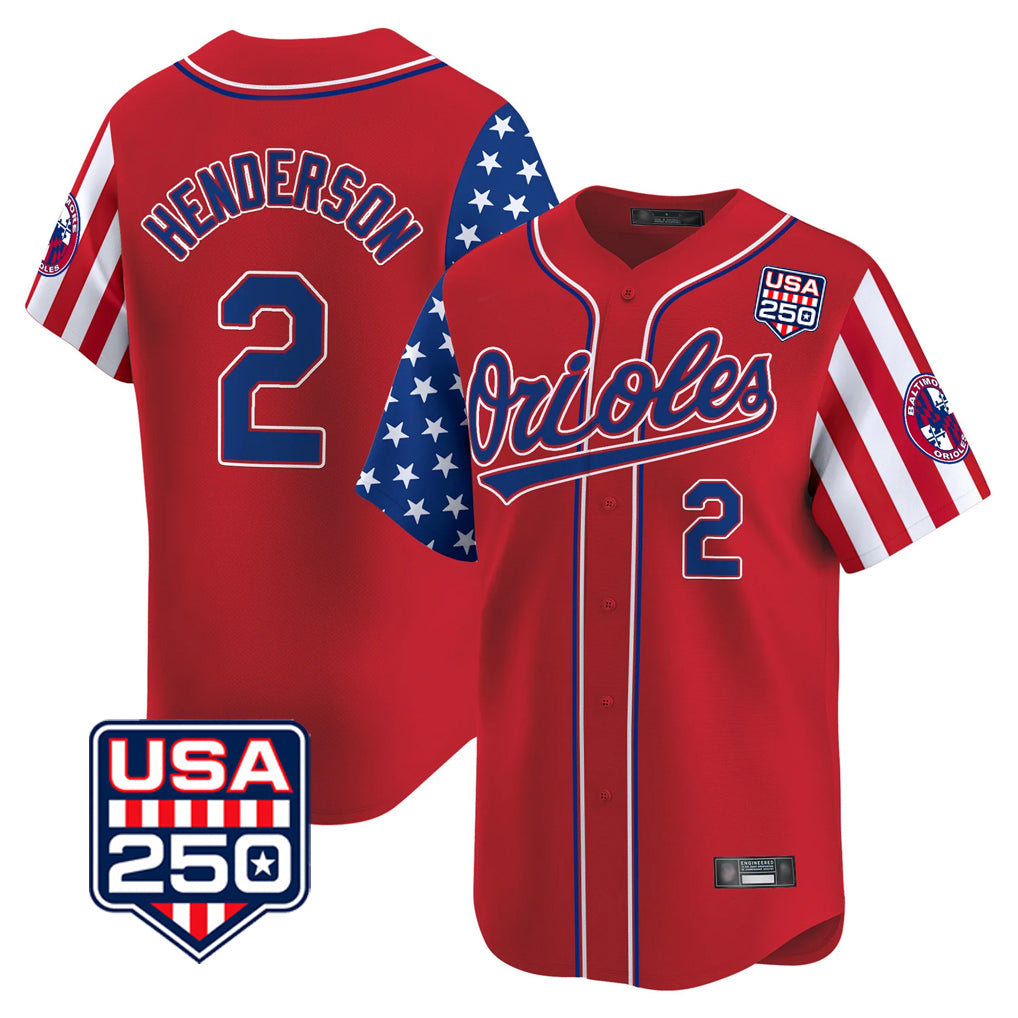 Baltimore Orioles #2 Gunnar Henderson Player Red Jereymy USA 250 Independence Day Vapor Premier Limited Home Game Stitched Jerseys