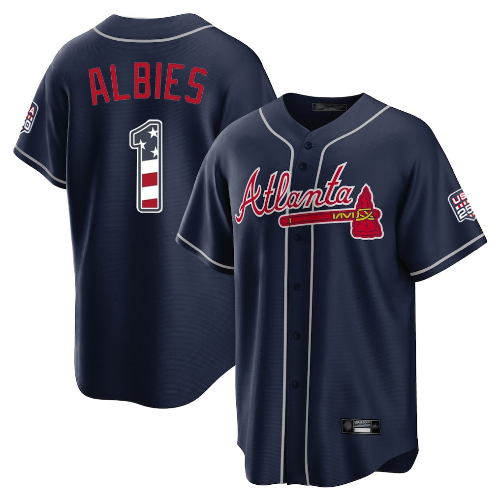 Atlanta Braves #1 Ozzie Albies Player Navy Jereymy USA 250 Fourth Of July Limited Home Game Stitched Jerseys