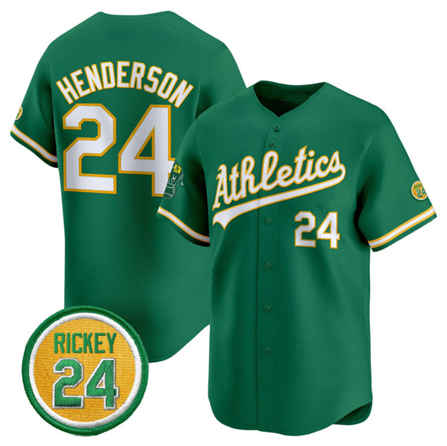 Oakland Athletics #24 Rickey Henderson Green Jereymy 2024 Limited With Rickey Henderson Patch Stitched Jersey