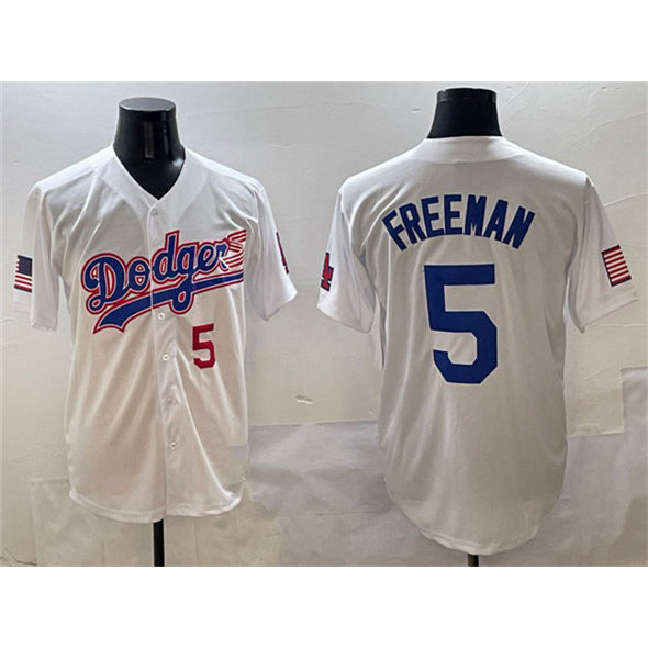 Los Angeles Dodgers #5 Freddie Freeman White Jereymy With American Flag Patch Limited Stitched Jersey