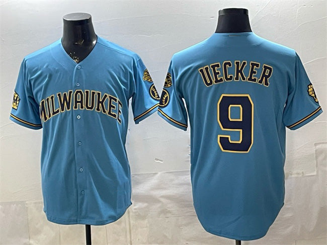 Milwaukee Brewers #9 Bob Uecker Blue Jereymy With Home & Bob Uecker Patch Stitched Jersey