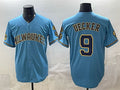 Milwaukee Brewers #9 Bob Uecker Blue Jereymy With Home & Bob Uecker Patch Stitched Jersey