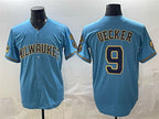 Milwaukee Brewers #9 Bob Uecker Blue Jereymy With Home & Bob Uecker Patch Stitched Jersey
