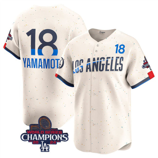 Los Angeles Dodgers #18 Yoshinobu Yamamoto Cream Jereymy 2024 World Series Champions City Connect Limited Stitched Jersey