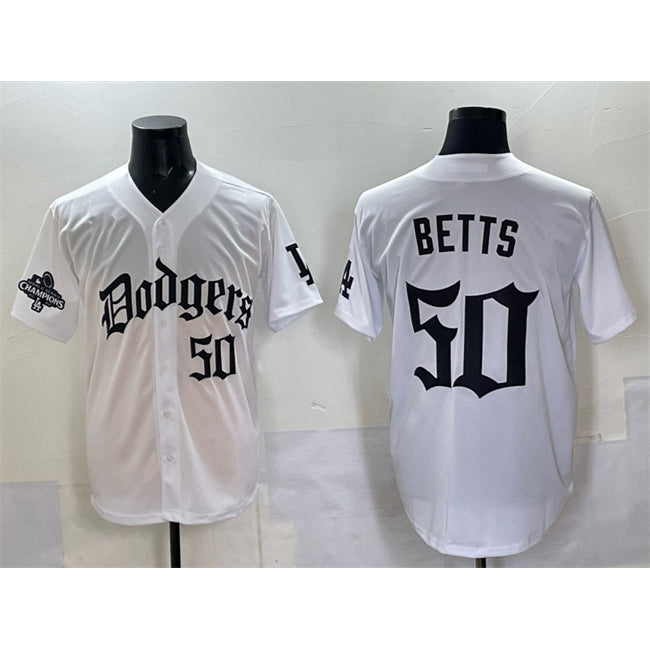 Los Angeles Dodgers #50 Mookie Betts White Jereymy 2025 LA Gothic Style With 2024 World Series Champions Patch Vapor Premier Limited Stitched Jersey