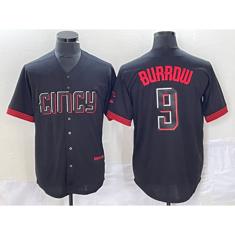 Cincinnati Reds #9 Joe Burrow Black Jereymy 2023 City Connect Cool Base Stitched Jersey 2