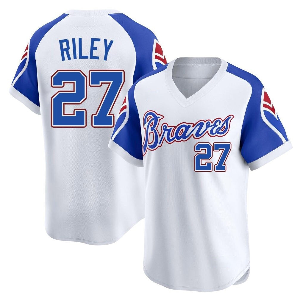 Atlanta Braves #27 Austin Riley Player White Jereymy Throwback Cooperstown Collection T-shirt Game Stitched Jerseys