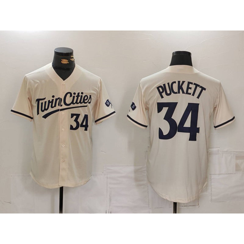 Minnesota Twins #34 Kirby Puckett Number Cream Jereymy Cool Base Stitched Jersey