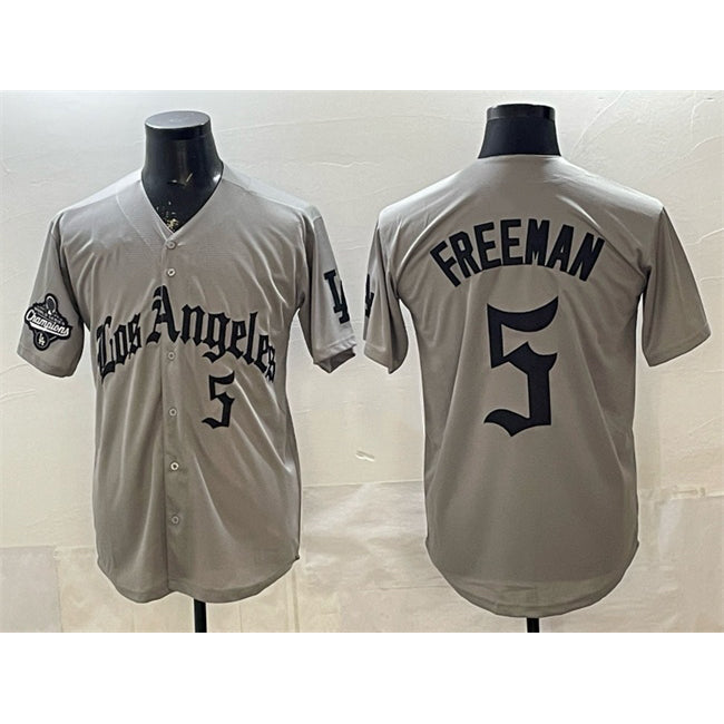Los Angeles Dodgers #5 Freddie Freeman Grey Jereymy LA Gothic Style With 2025 World Series Champions Patch Limited Stitched Jersey