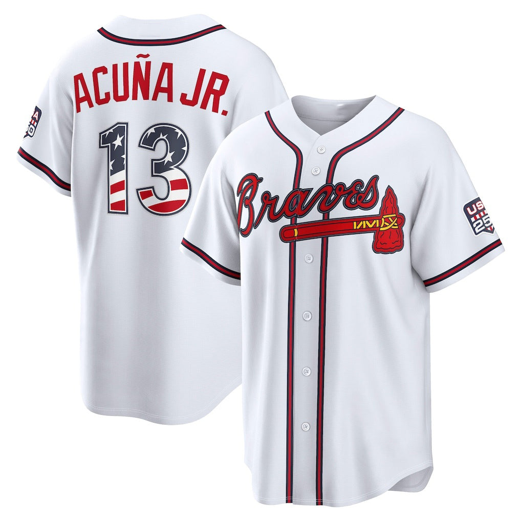 Atlanta Braves #13 Ronald Acu?a Jr. USA 250 Fourth of July Home Stadium Jersey - White Jereymy