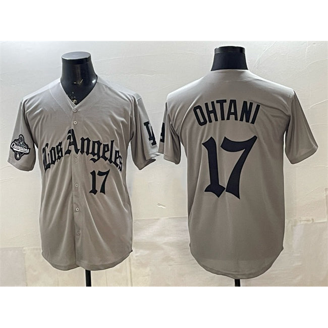 Los Angeles Dodgers #17 Shohei Ohtani Grey Jereymy LA Gothic Style With 2025 World Series Champions Patch Limited Stitched Jersey