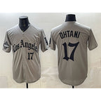 Los Angeles Dodgers #17 Shohei Ohtani Grey Jereymy LA Gothic Style With 2025 World Series Champions Patch Limited Stitched Jersey