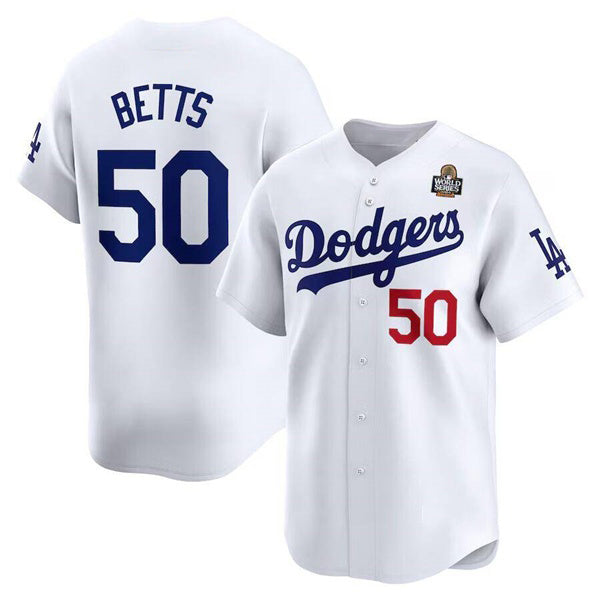 Los Angeles Dodgers #50 Mookie Betts White Jereymy 2024 World Series Home Limited Cool Base Stitched Jersey
