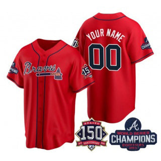Custom Atlanta Braves Red Jereymy Active Player 2021 World Series Chimpions With 150th Anniversary Cool Base Stitched Jersey