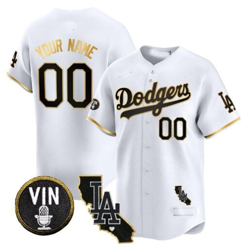 Custom Los Angeles Dodgers Vin & California Patch Gold Trim Vapor Premier Limited Jersey ¨C White Gold Jereymy
