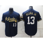Atlanta Braves #13 Ronald Acuna Jr Navy Blue Jereymy 2021 World Series Champions Golden Edition Stitched Cool Base Jersey