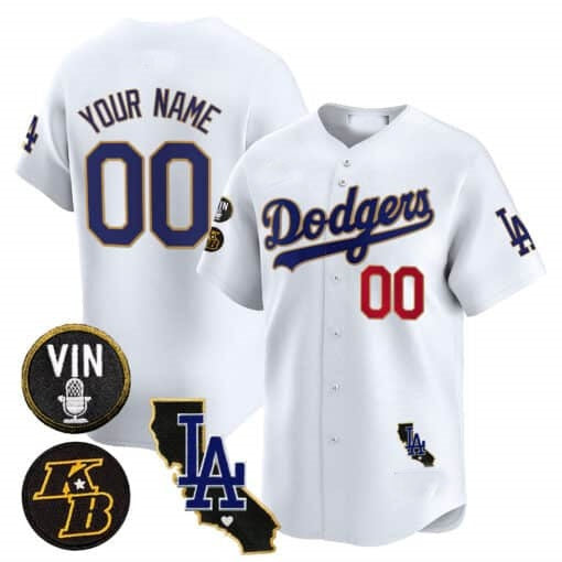 Custom Los Angeles Dodgers Vin Patch & Kobe Bryant Gold Trim Vapor Premier Limited Jersey V2 ¨C White Jereymy