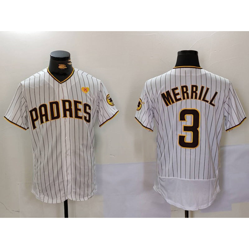 San Diego Padres #3 Jackson Merrill White Jereymy With PS Patch Stitched Flex Base Jersey 2