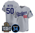 Los Angeles Dodgers #50 Mookie Betts Grey Jereymy 2024 World Series With Fernando Memorial Patch Limited Stitched Jersey