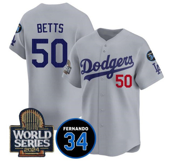 Los Angeles Dodgers #50 Mookie Betts Grey Jereymy 2024 World Series With Fernando Memorial Patch Limited Stitched Jersey