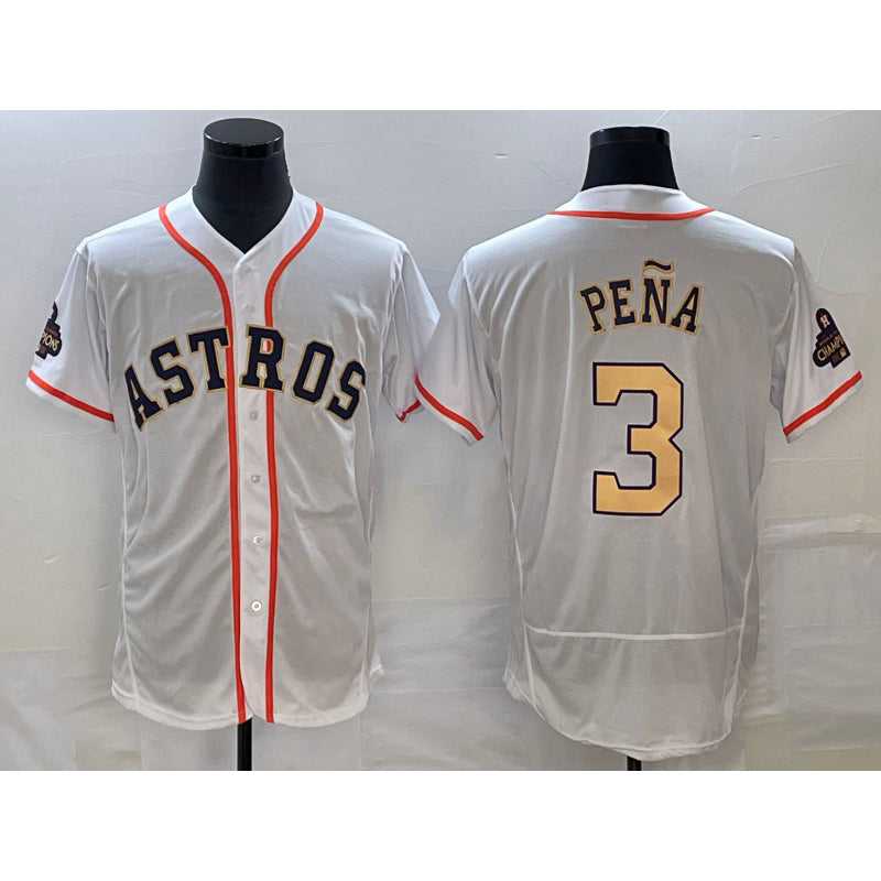 Houston Astros #3 Jeremy Pena 2023 White Gold Jereymy World Serise Champions Patch Flex Base Stitched Jersey