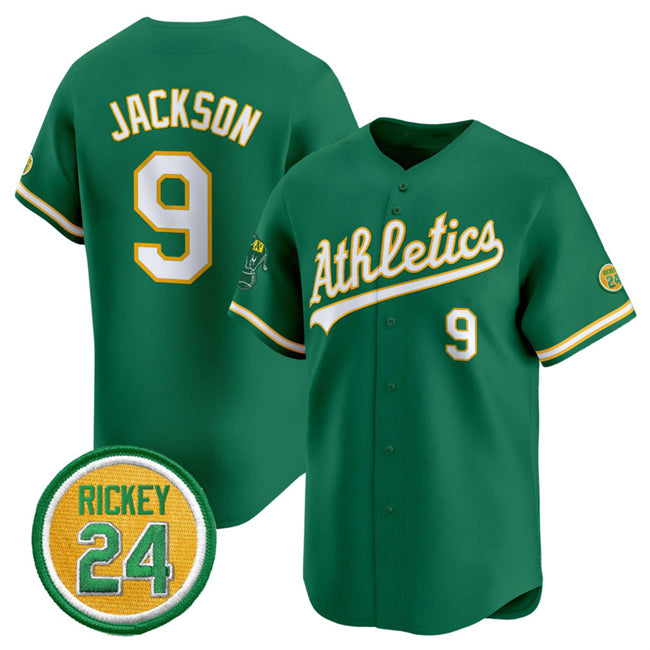 Oakland Athletics #9 Reggie Jackson Green Jereymy 2024 Limited With Rickey Henderson Patch Stitched Jersey