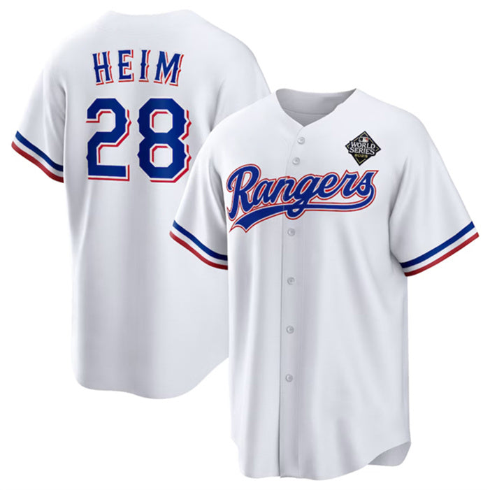 Texas Rangers #28 Jonah Heim 2023 White Jereymy World Series Stitched Jersey