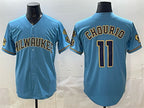 Milwaukee Brewers #11 Jackson Chourio Blue Jereymy With Home & Bob Uecker Patch Stitched Jersey