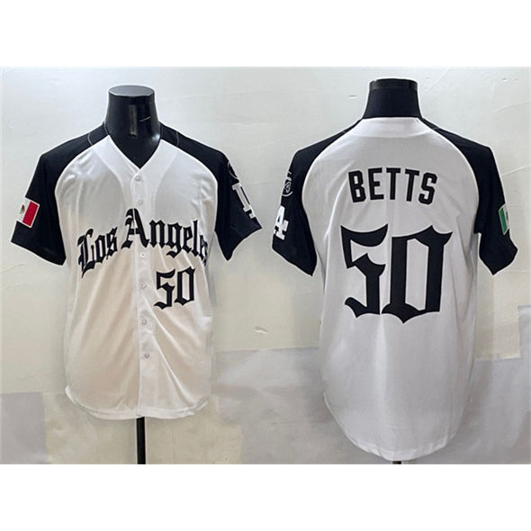 Los Angeles Dodgers #50 Mookie Betts White Black Jereymy Mexico 2025 LA Gothic Style With Fernando Patch Vapor Premier Limited Stitched Jersey