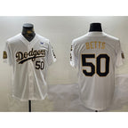 Los Angeles Dodgers #50 Mookie Betts White Gold Jereymy 2024 World Series With Fernando Memorial Patch Limited Stitched Jersey2