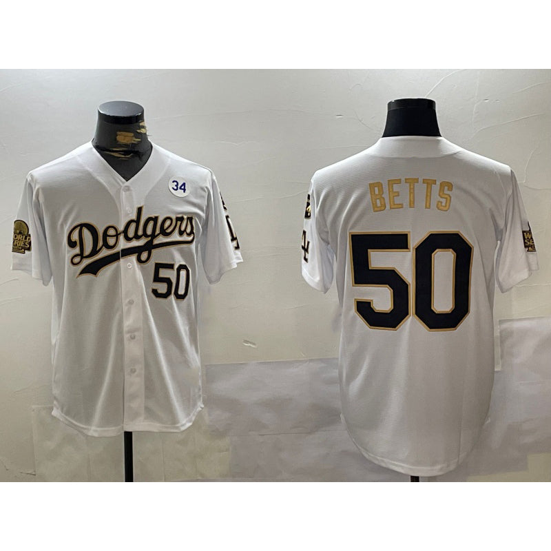 Los Angeles Dodgers #50 Mookie Betts White Gold Jereymy 2024 World Series With Fernando Memorial Patch Limited Stitched Jersey2