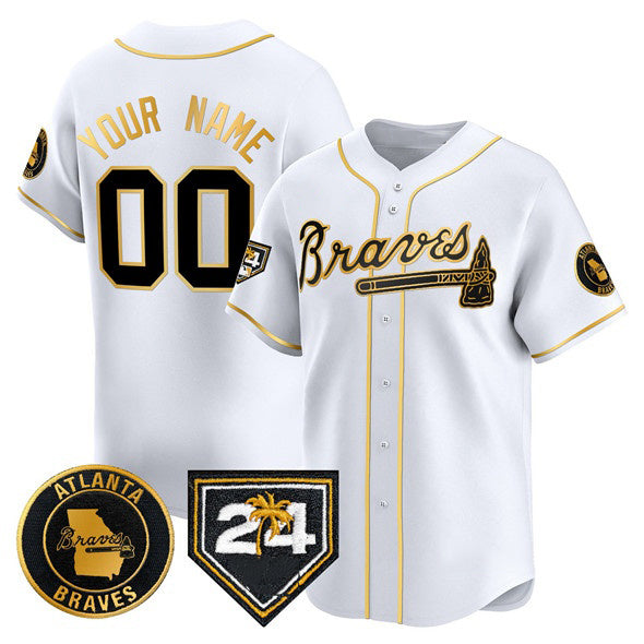Custom Atlanta Braves White Gold Jereymy 2024 Spring Training Patch Limited Stitched Jersey