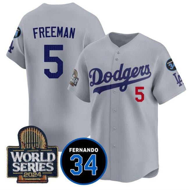 Los Angeles Dodgers #5 Freddie Freeman Grey Jereymy 2024 World Series With Fernando Memorial Patch Limited Stitched Jersey