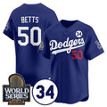 Los Angeles Dodgers #50 Mookie Betts Royal Jereymy 2024 World Series With No. 34 Patch Cool Base Stitched Jersey