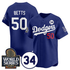 Los Angeles Dodgers #50 Mookie Betts Royal Jereymy 2024 World Series With No. 34 Patch Cool Base Stitched Jersey