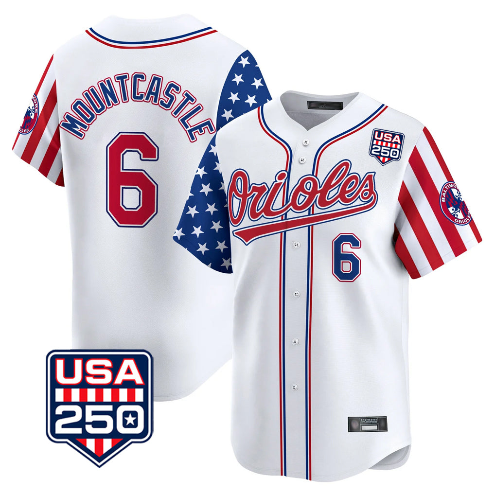 Baltimore Orioles #6 Ryan Mountcastle Player White Jereymy USA 250 Independence Day Vapor Premier Home Game Stitched Jerseys